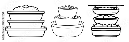 Bento box set with minimalist lines and clean outlines featuring Japanese cuisine, food container, lunchbox with traditional meal and healthy eating