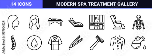 Minimalist Monoline Beauty and Wellness Icon Set featuring Geometric Line Art for Spa, Cosmetics, and Personal Care Interface Design.