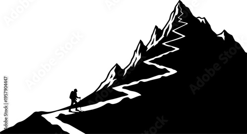 Vector silhouette of a hiker climbing a mountain with a winding path