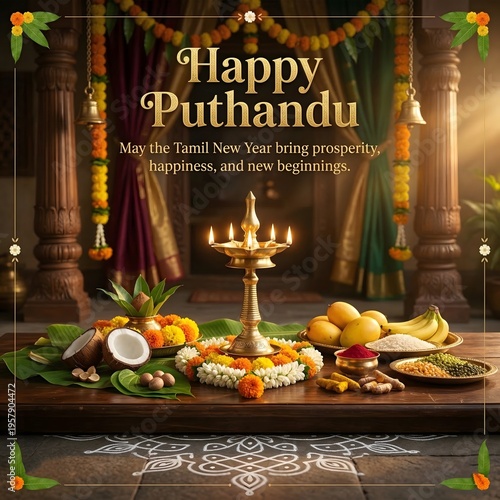 Happy puthandu tamil new year celebration with traditional food and decorations
