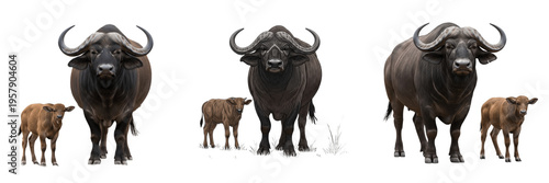 African Cape Buffalo with Calf Isolated on White Background - Savannah Wildlife Photography Featuring Syncerus Caffer Mother and Baby, Big Five Safari Animals, and Nature Illustration