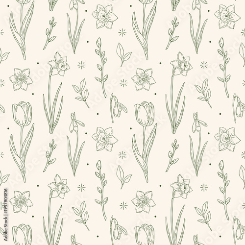 Spring seamless floral outline pattern with hand-drawn tulips, daffodils, snowdrops, and pussy willow. Minimal monochrome line art. Perfect for cards, invitations, and seasonal projects