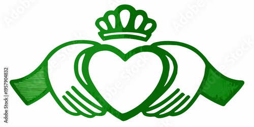 Green hands gently cradling a heart topped with a regal crown