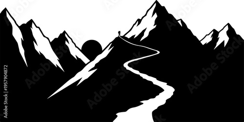 Vector mountain landscape silhouette with winding road