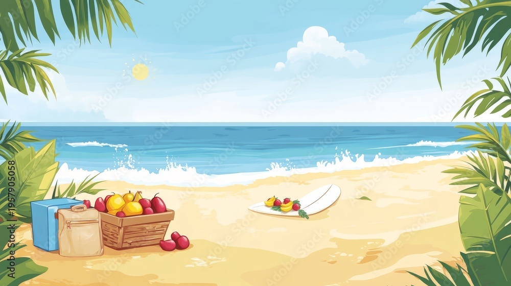 Obraz premium 3.Cheerful seaside cartoon view including picnic gear, cool box, fruit-filled basket, lounging area on smooth sand, surfboard silhouette, gentle waves in shallow water, sunlit ambience expressing