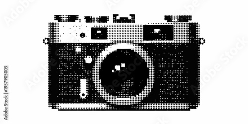 A vintage rangefinder camera depicted in a halftone dot pattern