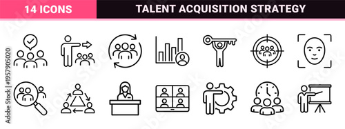 Executive Headhunting and Talent Acquisition Monoline Icon Set featuring Minimalist Geometric Line Art for Human Resource Management.