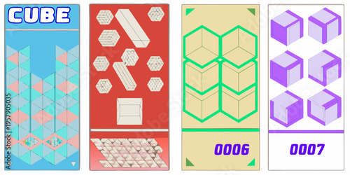 Geometric cube patterns displayed in a colorful vertically oriented arrangement