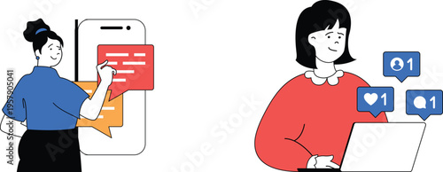 Digital content creation and social media engagement illustrated by two women