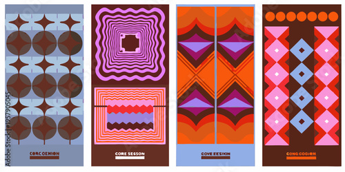 Four brightly colored patterned rectangular panels with geometric designs