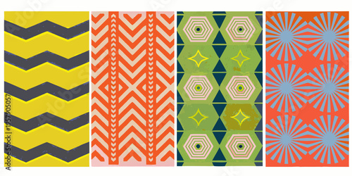 Four vibrant patterned panels displaying geometric and radial designs