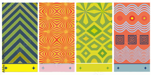 Four vibrant vertically oriented panels with repeating geometric patterns