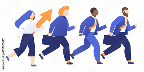 Business people walking forward with an arrow indicating direction and progress