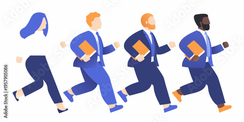 Diverse business team rushing forward in a dynamic illustrated style
