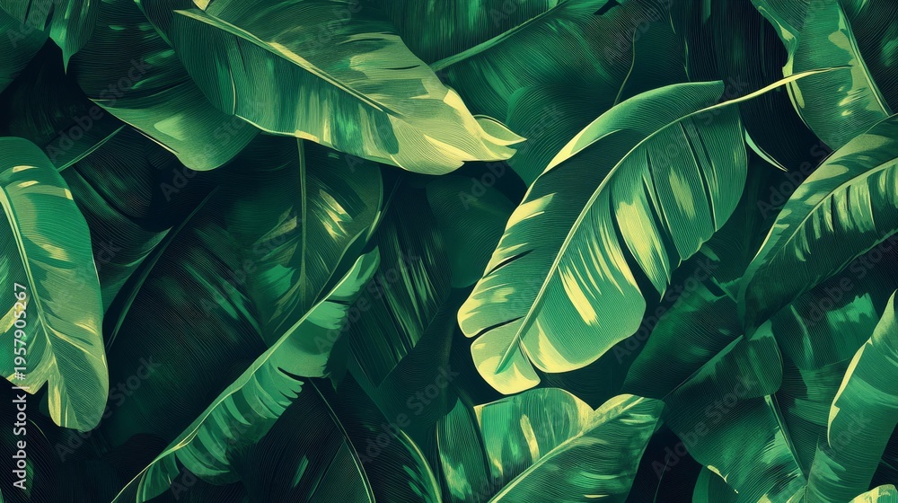 Obraz premium 15.Modern tropical leaf illustration showing layered textures, deep greens mixed with lighter sunlit accents, serene and refreshing vibe, seamless vector background for nature-inspired layouts.