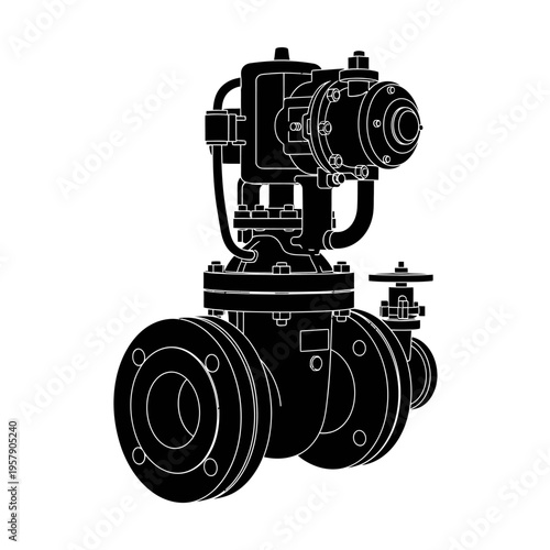 Industrial Deluge Valve Silhouette: Fire Suppression System Component, Large Pipe Safety and Mechanical Engineering Icon.