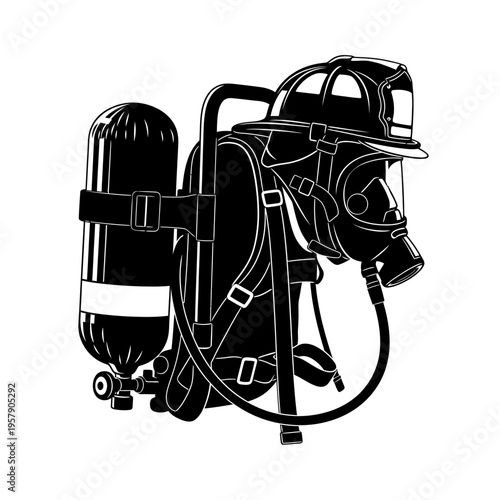 SCBA Breathing Apparatus Silhouette, Air Tank and Mask for Firefighter Safety and Hazardous Environment Survival