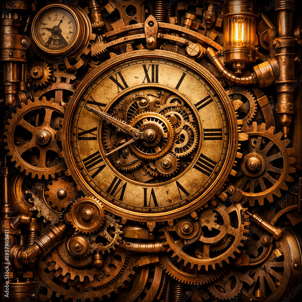 Obraz premium Detailed steampunk art showcasing interlocking brass and copper gears and mechanical parts with an industrial design.