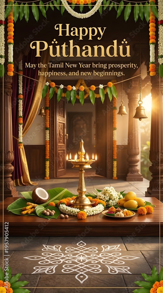 Obraz premium Happy puthandu celebration with traditional indian decorations and food
