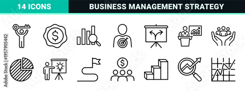 Business Strategy and Corporate Planning Minimalist Monoline Icon Set featuring Geometric Line Art for Management and Leadership