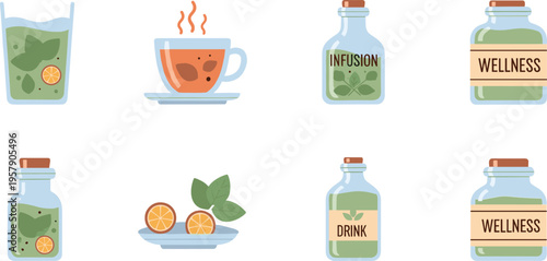 Herbal tea and wellness drinks set with infusion bottles natural ingredients healthy beverage cartoon vector illustration collection