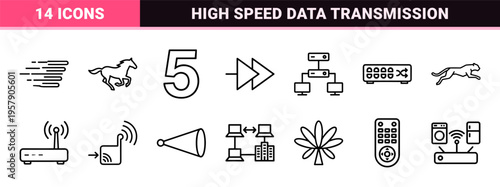 Minimalist monoline telecommunication icons featuring high-speed cellular network technology, wireless connectivity, and data transfer symbols.