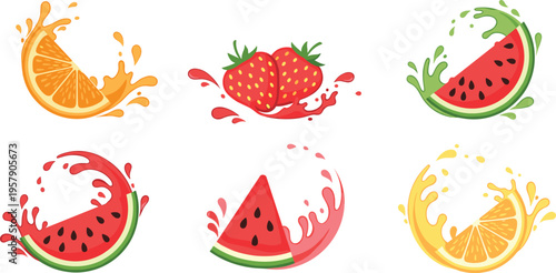 Juicy fruit splash set with orange strawberry watermelon liquid splash fresh food cartoon vector illustration collection