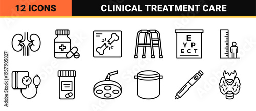 Minimalist healthcare and medical line art featuring geometric monoline symbols for clinical diagnostic, surgical, and wellness services.
