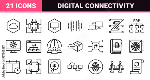 Blockchain Network and Data Computing Minimalist Monoline Icon Set Featuring Decentralized Technology and Infrastructure Geometric Line Art.
