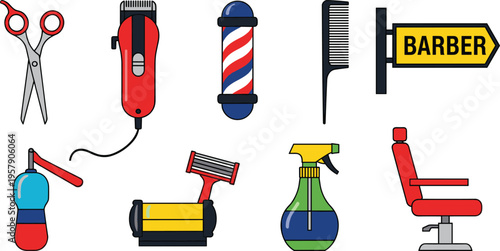 Barber Shop and Hair Salon Icon Set with Scissors, Clippers, Razor, Comb, Barber Pole, Chair, and Grooming Tools for Haircut and Styling Design
