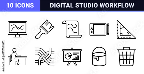 Graphic Design and Creative Workflow Line Art Set. Minimalist Monoline Symbols for Digital Branding, Artistic Tools, and Studio Production.