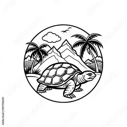 Black and white illustration of a turtle walking on a beach with mountains and palm trees in a circular frame.