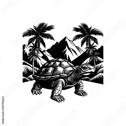 Black and white illustration of a turtle walking in a tropical landscape with palm trees and mountains.