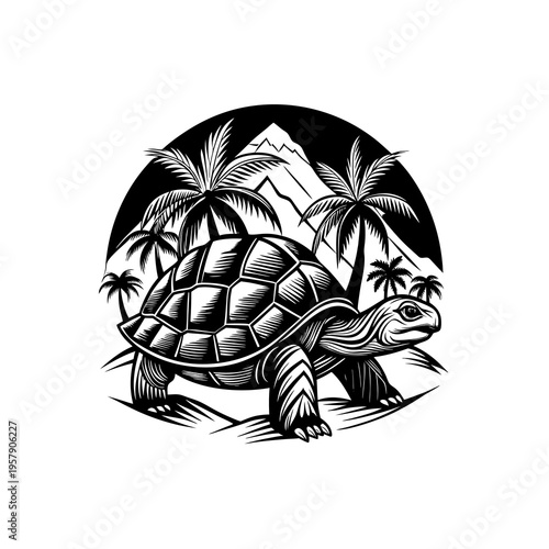 Black and white illustration of a tortoise walking on a tropical island with palm trees and mountains in the background, vintage woodcut style.
