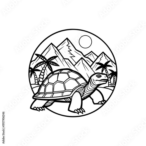 Black and white line art illustration of a turtle in a tropical mountain landscape with palm trees and sun in a circular frame.