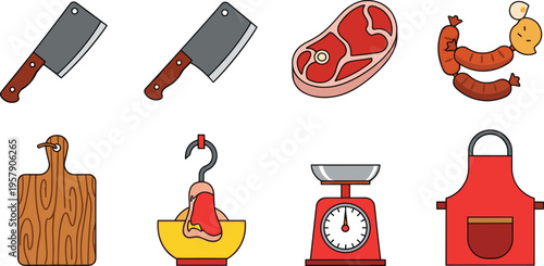 Butcher and Meat Preparation Icon Set with Cleaver, Steak, Sausages, Cutting Board, Scale, and Apron for Cooking, Butchery, and Food Industry Design