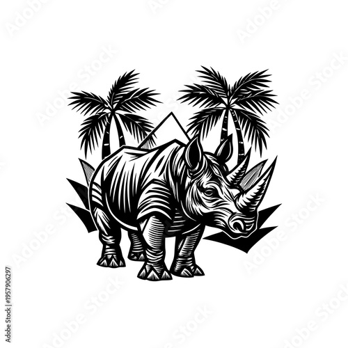 A detailed black and white illustration of a rhinoceros standing in front of palm trees and geometric shapes.
