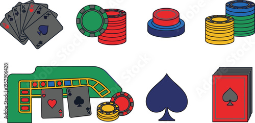 Casino and Poker Icon Set with Playing Cards, Chips, Table, Deck, and Gambling Elements for Game, Betting, Entertainment, and Card Game Design