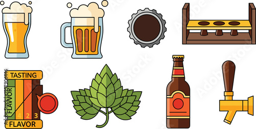 Craft Beer Brewing Icon Set with Mug, Bottle, Hops, Tap, Barrel Elements for Brewery, Pub, Oktoberfest, Alcohol Beverage Design Collection