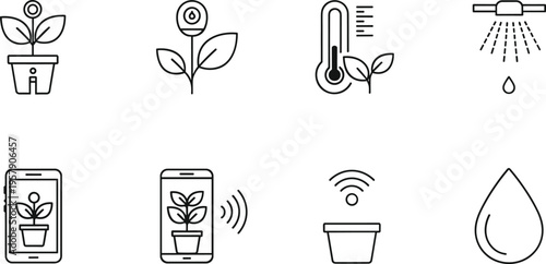 Smart farming line icons set with plant watering temperature sensor mobile monitoring agriculture outline vector illustration collection