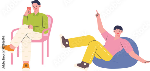 Modern lifestyle contrasts between sitting and relaxing postures in casual attire