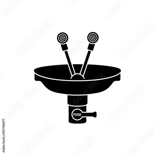 Emergency Eyewash Station Silhouette: Twin Spray Nozzles Vector for Industrial Workplace Safety and First Aid