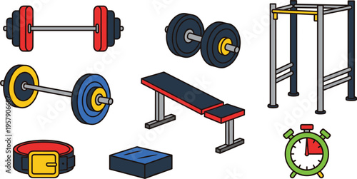 Gym and Fitness Equipment Icon Set with Barbell, Dumbbell, Bench, Pull Up Rack, Weight Plates, Stopwatch, and Training Gear for Workout Design