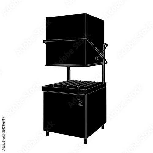 Industrial Dishwashing Machine Silhouette: Pull Down Hood Style Washer Vector for Restaurant Sanitation and Hygiene
