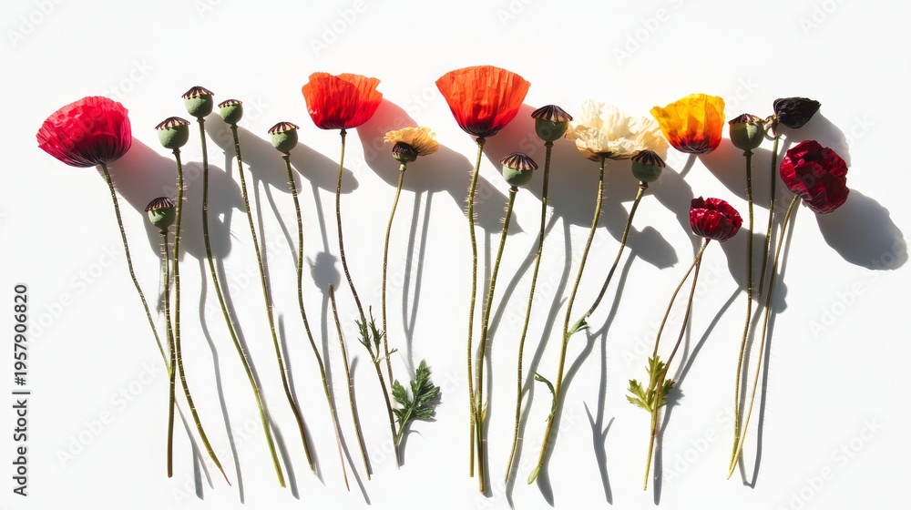 Naklejka premium 76.Concept = overhead of a cluster of poppy and ranunculus stems with no leaves on a white background and cast shadows with room for copy