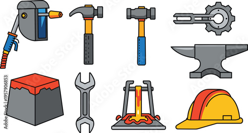 Industrial Metalworking Icon Set with Welding Torch, Hammer, Anvil, Gear, Molten Steel, Safety Helmet, and Tools for Manufacturing and Engineering Design