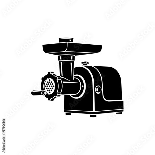 Commercial Meat Grinder Silhouette: Heavy Duty Food Processing Mincer, Professional Butchery and Restaurant Kitchen Equipment Icon.