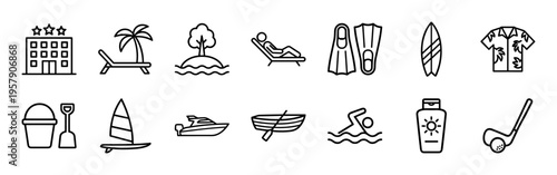 Minimalist Monoline Travel and Holiday Line Art Symbols for Modern Interface Design and Global Tourism Navigation Systems