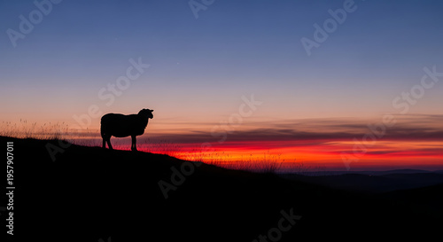 Silhouette of a lone sheep standing on a hill against a vibrant, colorful sunset sky.