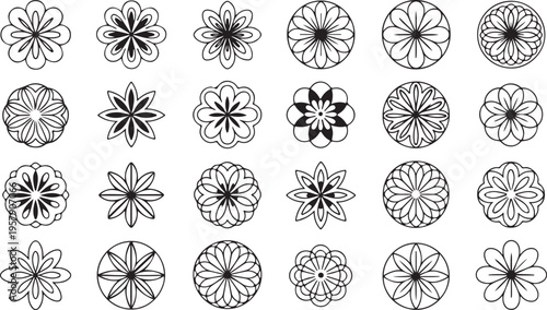 set of black and white flower designs on white background  various floral patterns